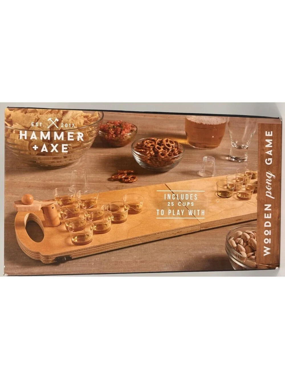 Hammer + Axe Wooden Pong Drinking Game Folding Board Set w/ 25 Cups, 2 Balls